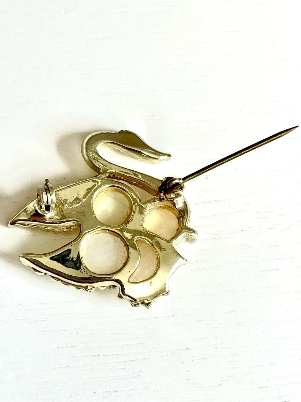 Vintage 1970s Swan Mother of Pearl Discs Brooch Pin Gold Tone Romantic Nautical
